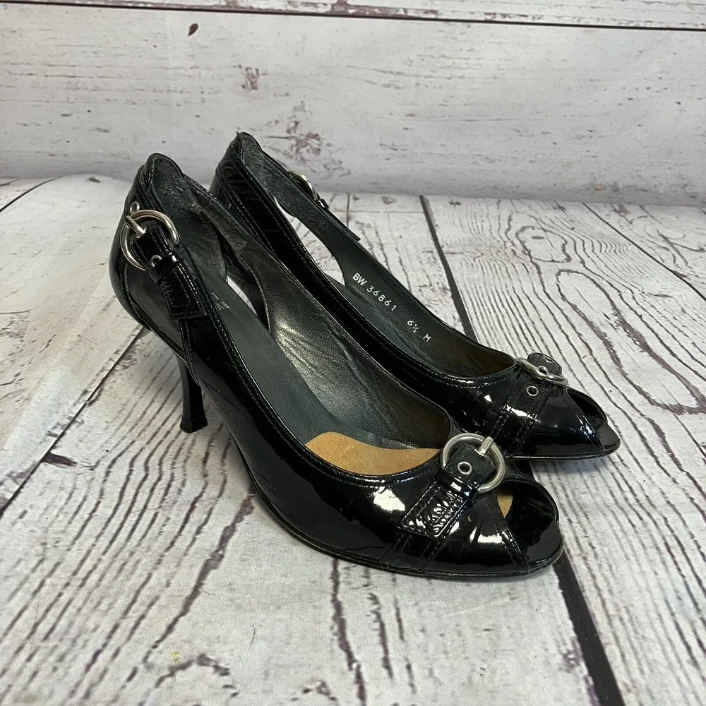 Stuart Weitzman Womens Pumps Size 6.5 Black Patent Leather Peep Toe Heels